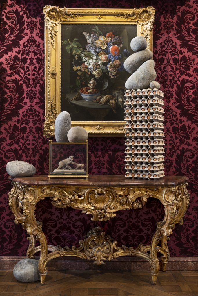 baroque-palace-rich-tapestries-contemporary-art-eggs-flower-still-life