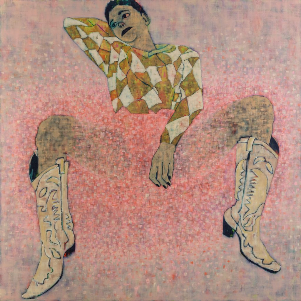 Woman-harlequin-shirt-cowboy-boots-dots-skirt-pink-dreaming-laying-down-painting